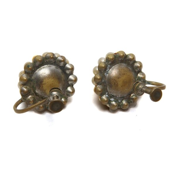 Vintage Faux Pearl Halo Cluster Screwback Earrings Round Brass Gold Metal 50s - Picture 4 of 6